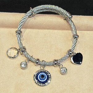 Adjustable Elements Blue Evil Eye Heart Stainless steel Cubic Zirconia Bangles B